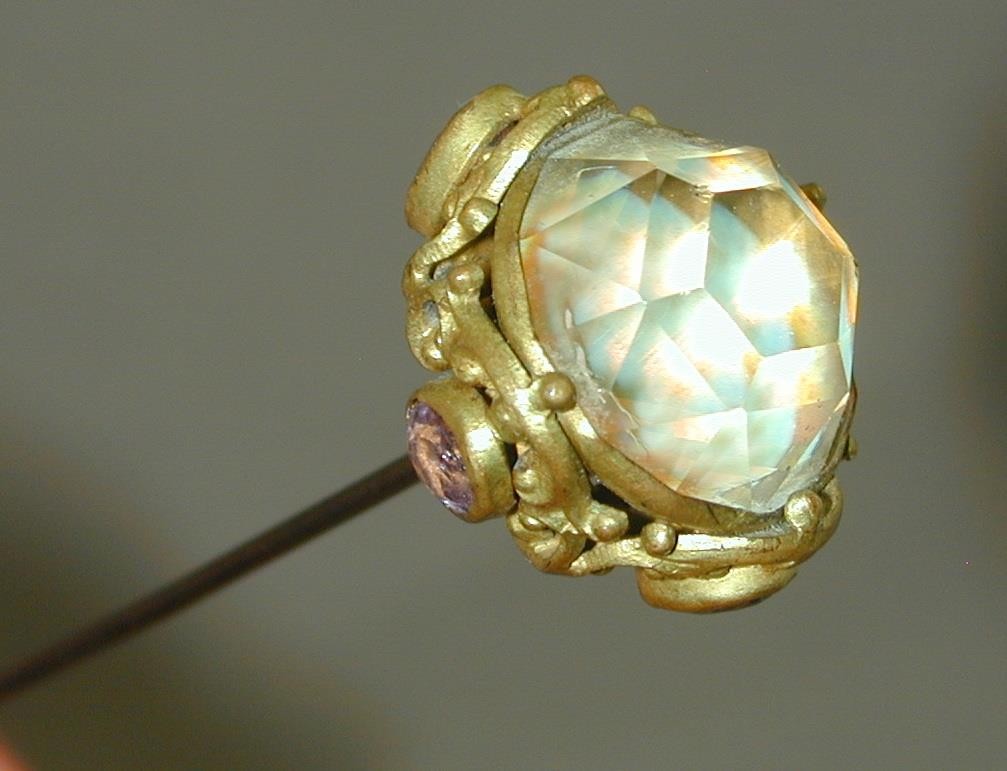 HUGE Victorian Hat Pin 16mm Opalescent Faceted Jewel & Purple Side Stones 8.25” HUGE Victorian Hat Pin 16mm Opalescent Faceted Jewel & Purple Side Stones 8.25”