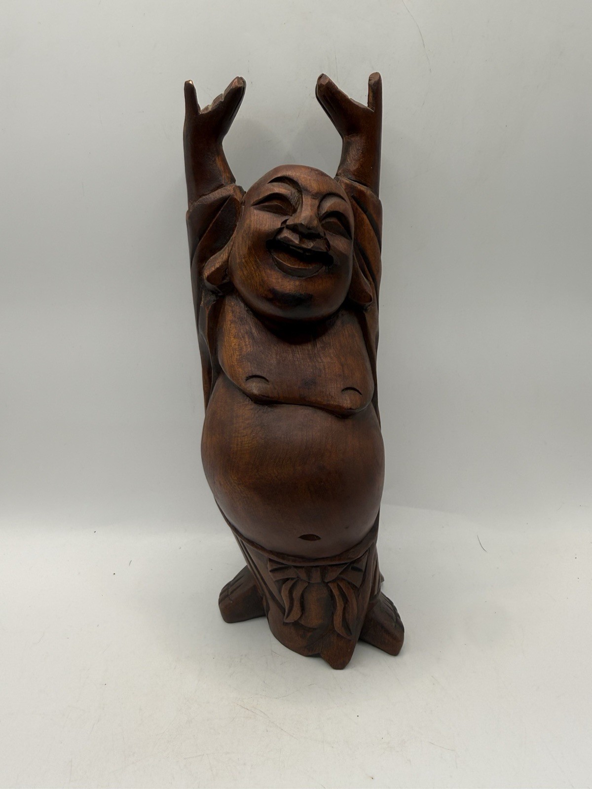Vintage Hand Carved Wood Laughing Buddha Hotei Statue Raised Arms 8” *