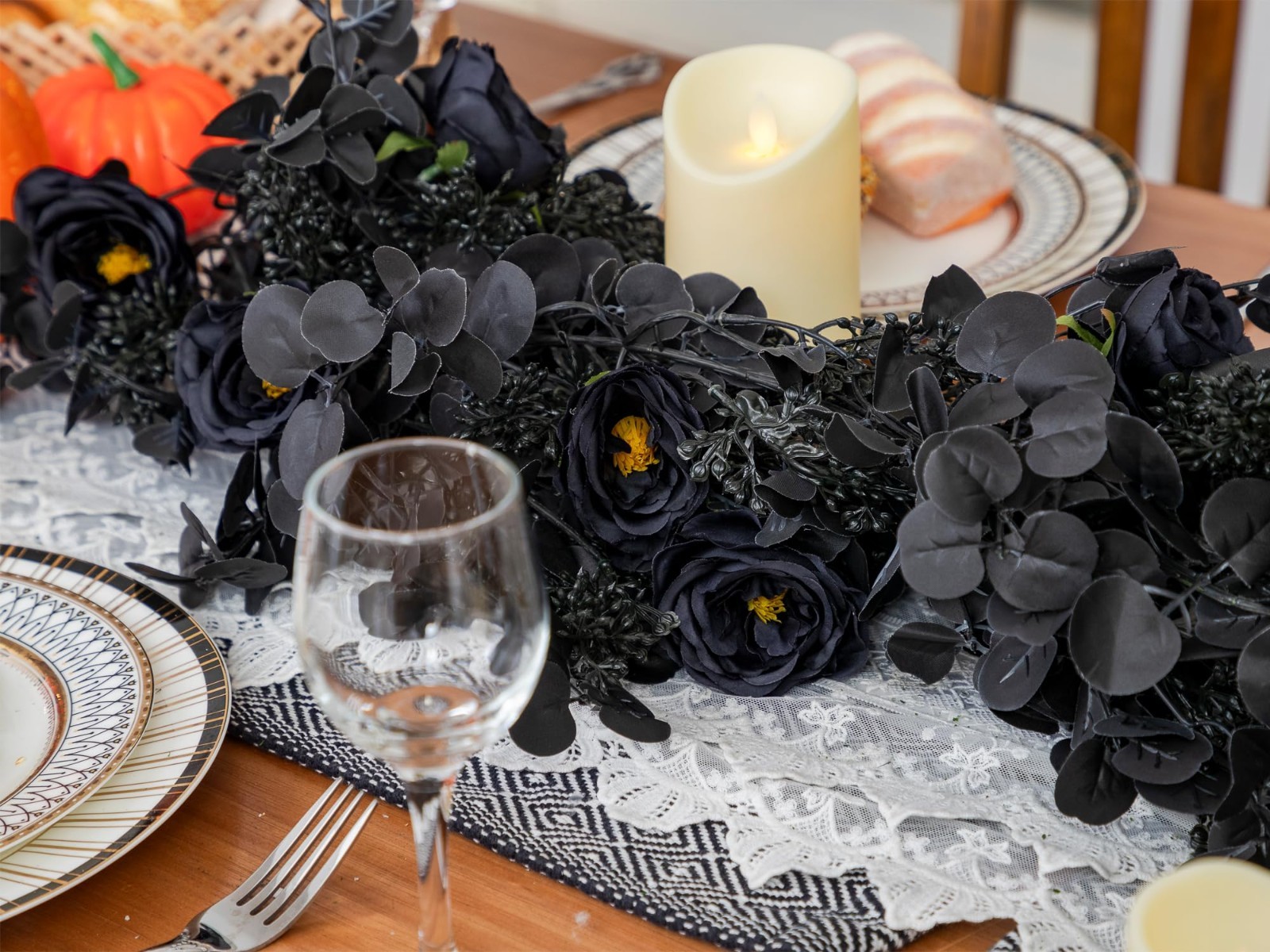 6FT Black Halloween Garland with 10 Black Roses, Berry & Eucalyptus Leaves