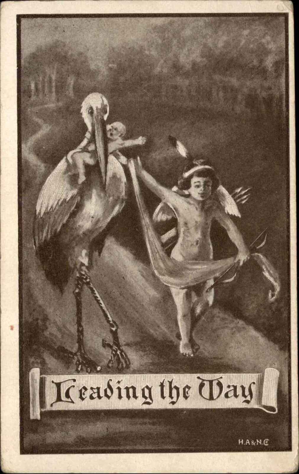 Stork Fantasy Indigenous Child Indian with Stork and Baby c1910 Vintage Postcard