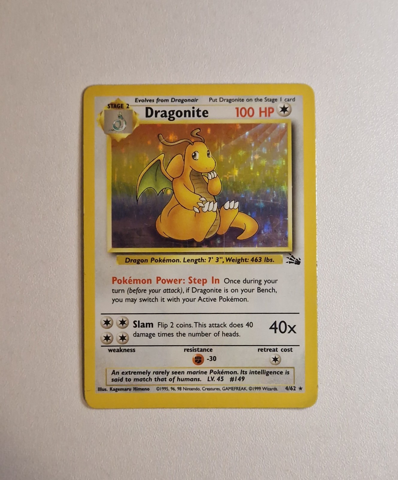LP/LP+ Pokemon TCG Dragonite Fossil Holo Card 4/62 Unlimited Rare Vintage 1999 LP/LP+ Pokemon TCG Dragonite Fossil Holo Card 4/62 Unlimited Rare Vintage 1999