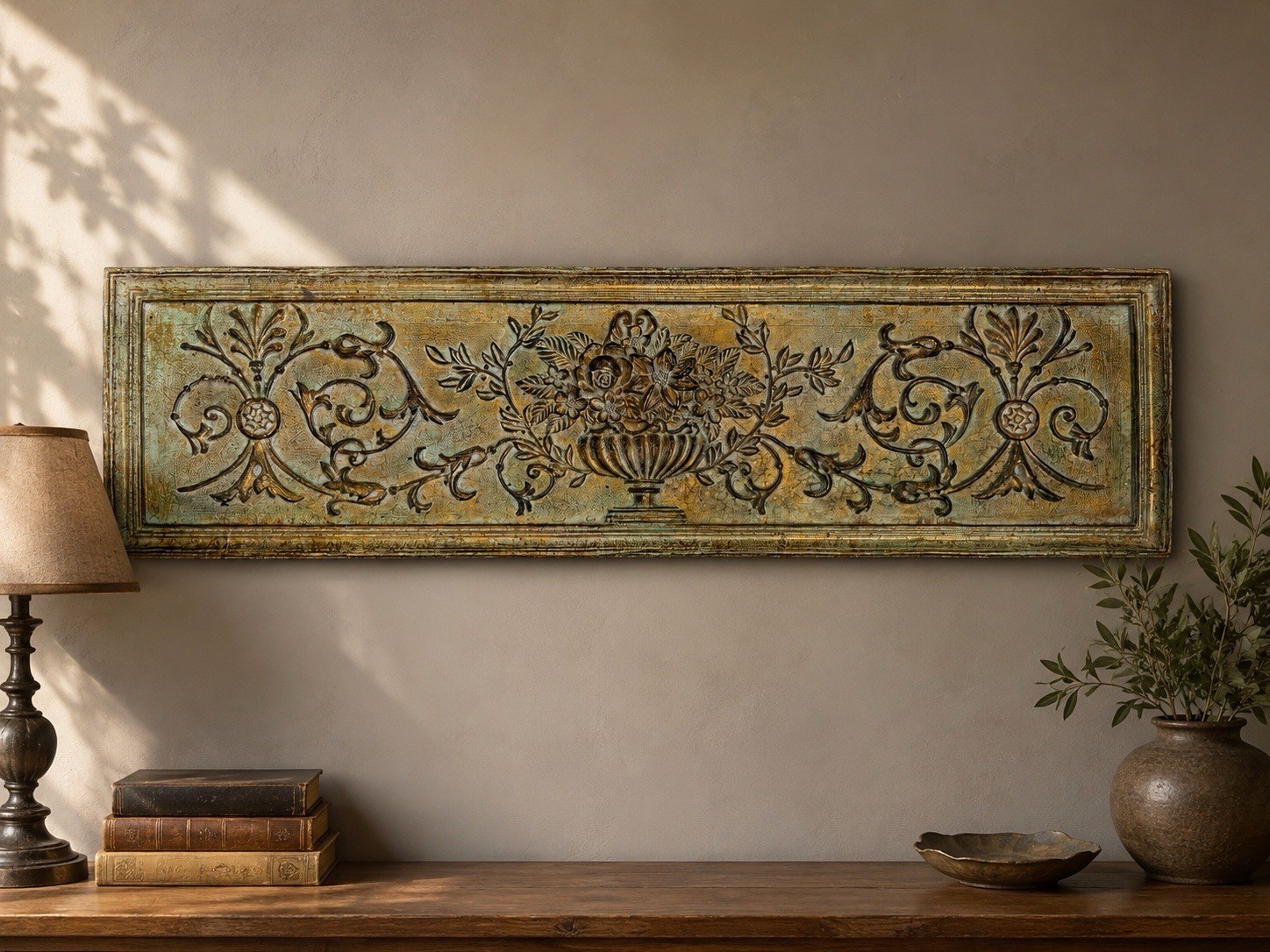 Vintage Distressed Gold Floral Urn Wall Panel Decorative Architectural Plaque Vintage Distressed Gold Floral Urn Wall Panel Decorative Architectural Plaque