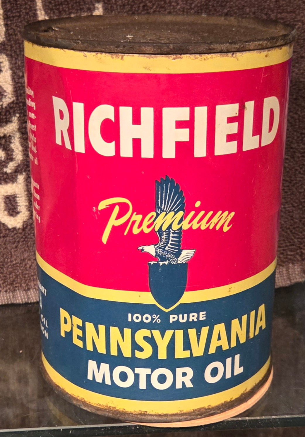 1940s VINTAGE RICHFIELD 100 % PURE PENNSYLVANIA ONE QUART MOTOR OIL TIN CAN 1940s VINTAGE RICHFIELD 100 % PURE PENNSYLVANIA ONE QUART MOTOR OIL TIN CAN