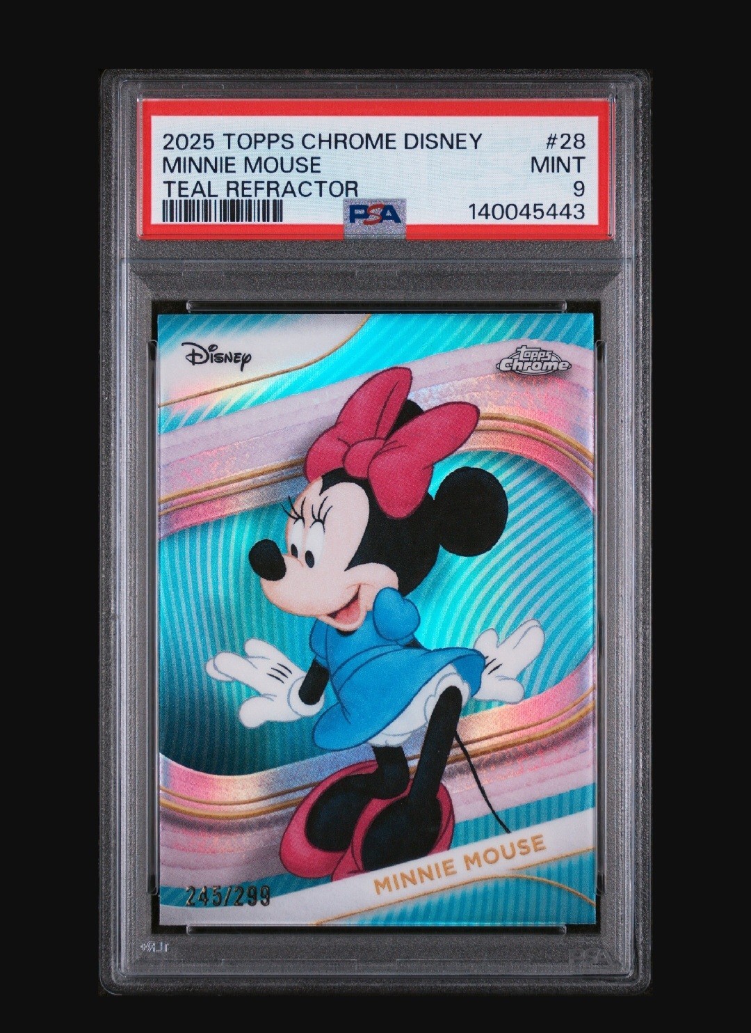 Minnie Mouse 2025 Topps Chrome Disney Teal Refractor /299 PSA 9 Minnie Mouse 2025 Topps Chrome Disney Teal Refractor /299 PSA 9