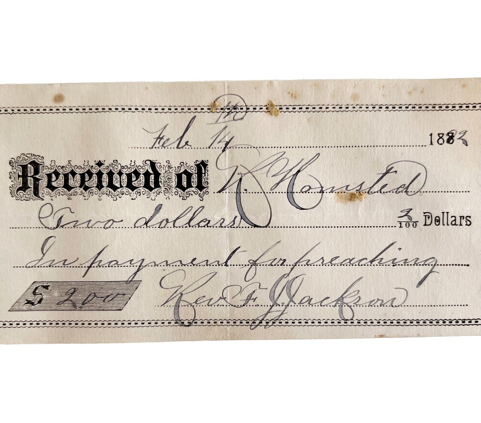 2 Dollar Check To Reverend Jackson For Preaching Services 1882 Victorian DWEE27