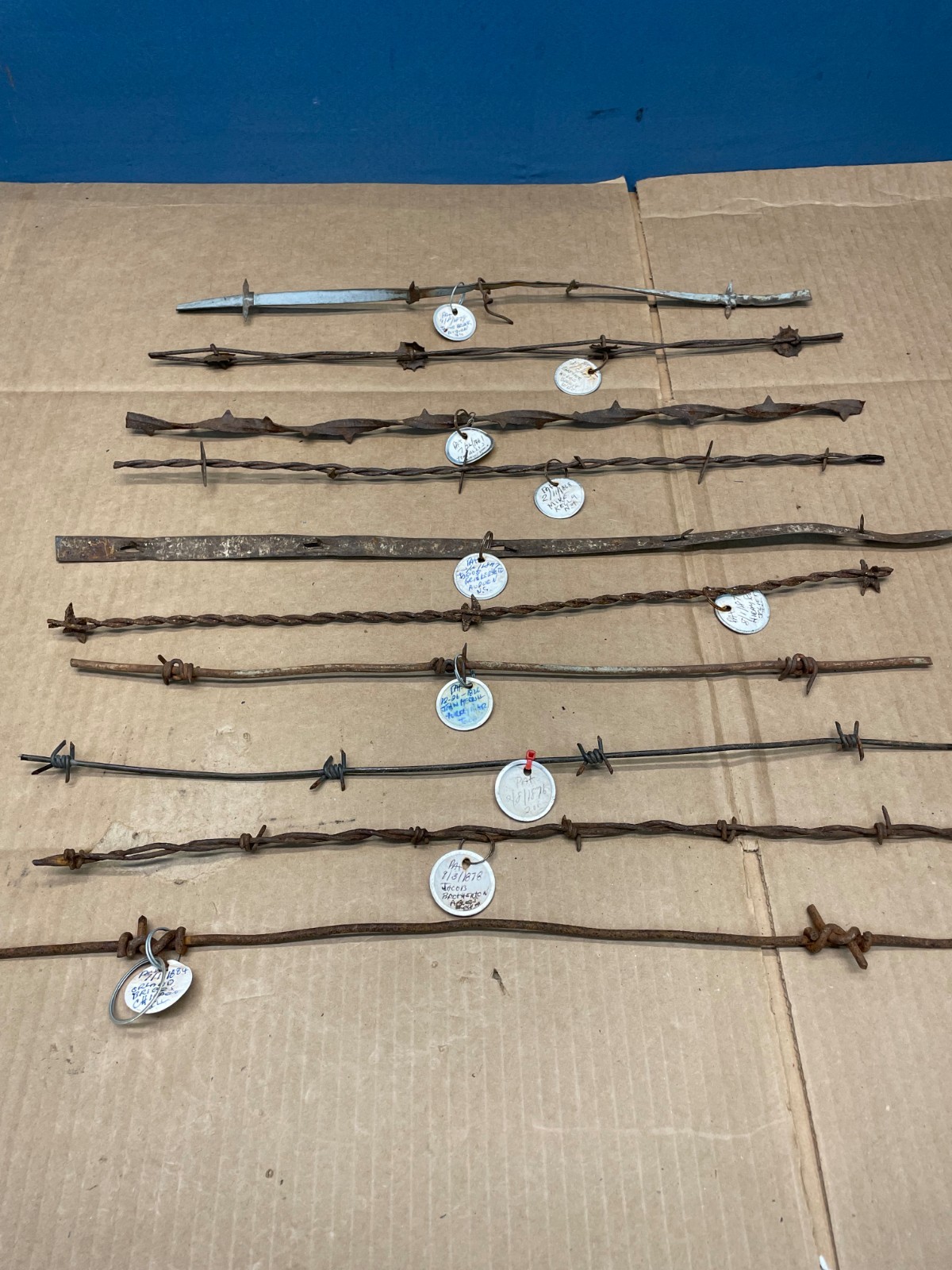 10 Vintage Antique Barbed Wire Samples Labeled With Date and Makers Name 1800's 10 Vintage Antique Barbed Wire Samples Labeled With Date and Makers Name 1800's