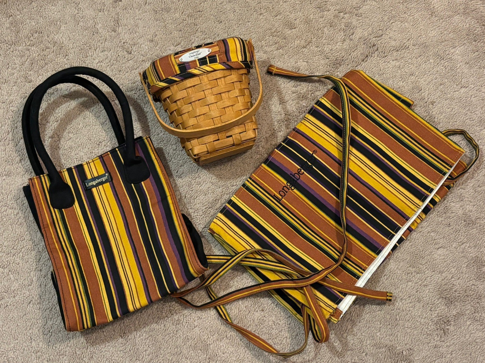 Longaberger 3-Pc Lot Striped Tote Bag Apron 2006 Dresden Basket Liner Protector