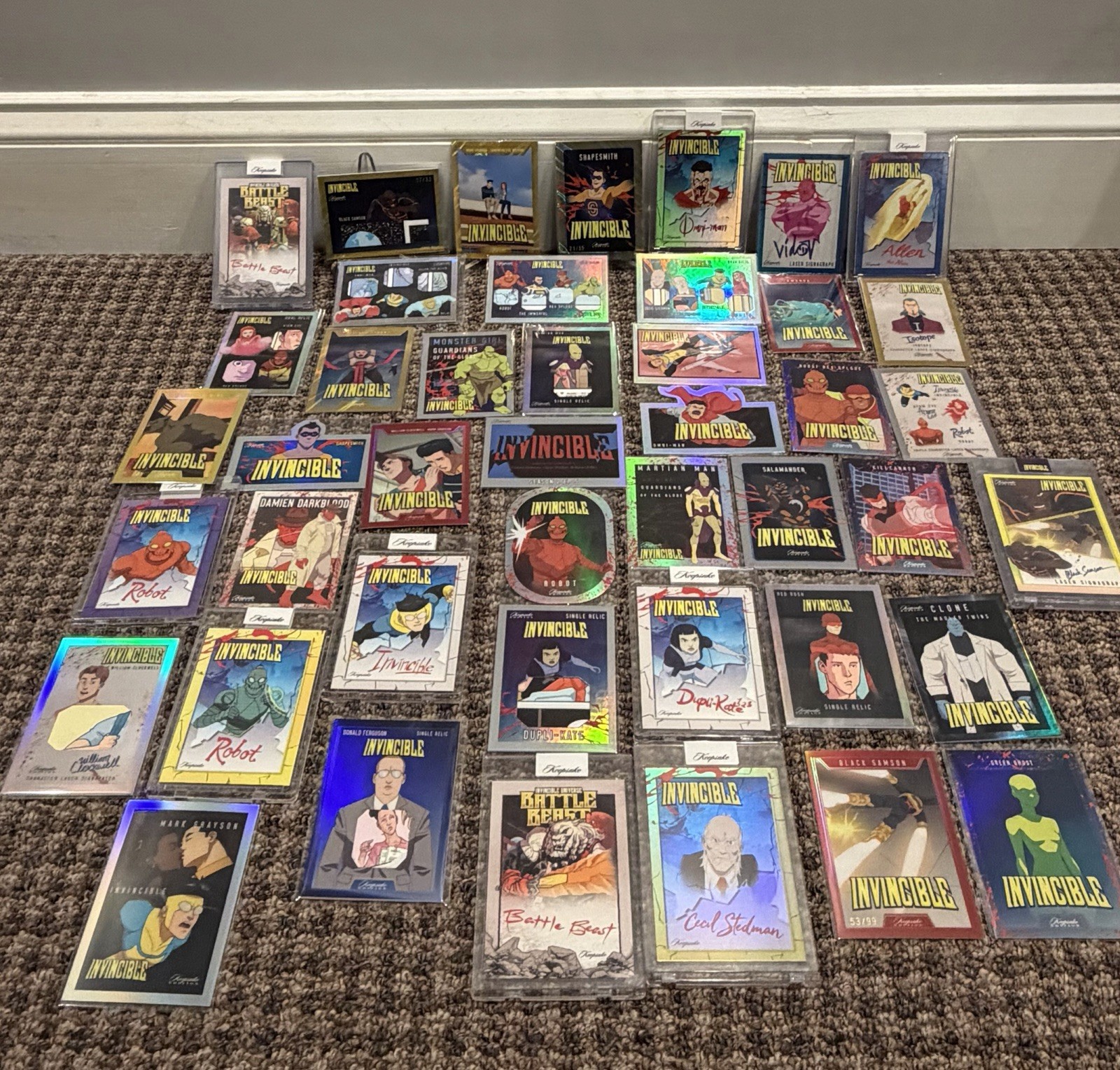 INSANE LOT OF 44 Invincible Keepsake Season 1 and 2 Numbered Relics Omni-Man SSP INSANE LOT OF 44 Invincible Keepsake Season 1 and 2 Numbered Relics Omni-Man SSP