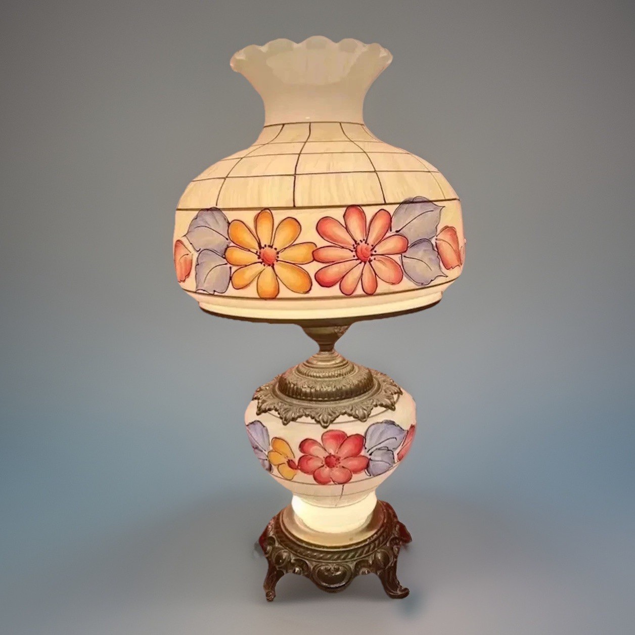 Vintage GWTW Gone With The Wind Double Globe 3 Way Floral Parlor Lamp 26in