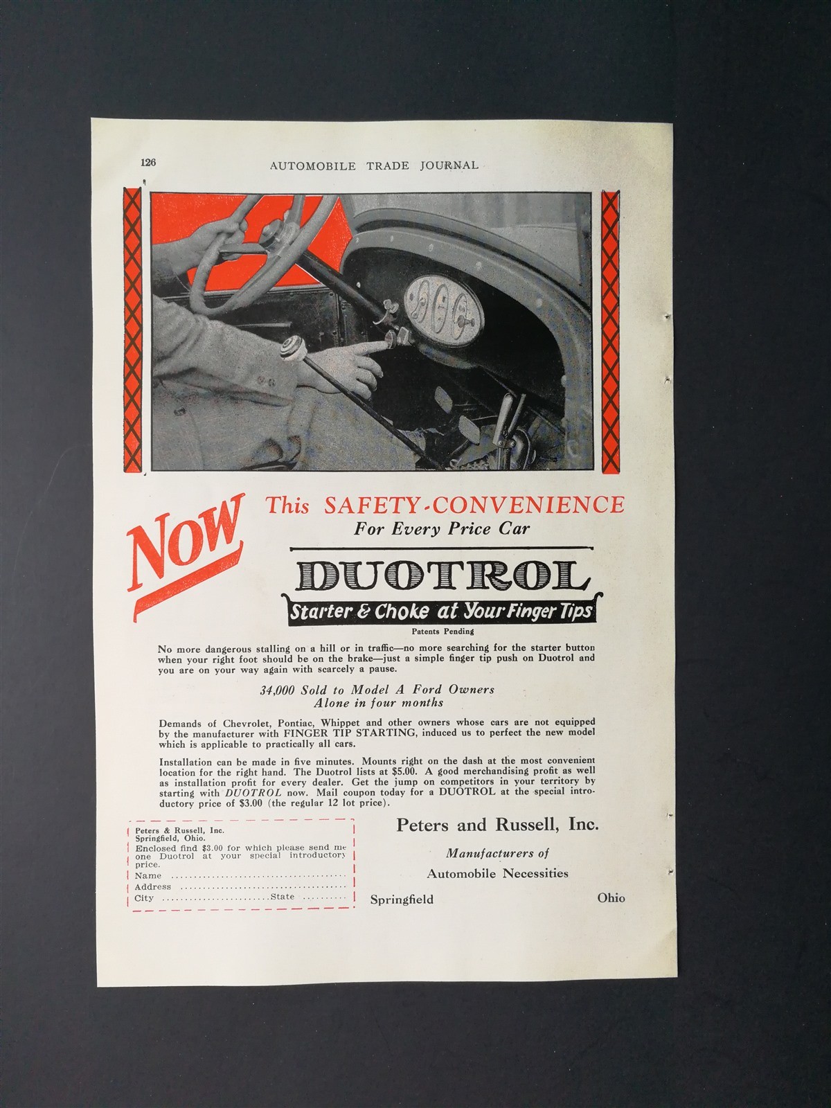 Vintage 1928 Peters & Russell Inc. Duotrol Starter & Choke Full Page Original Ad Vintage 1928 Peters & Russell Inc. Duotrol Starter & Choke Full Page Original Ad