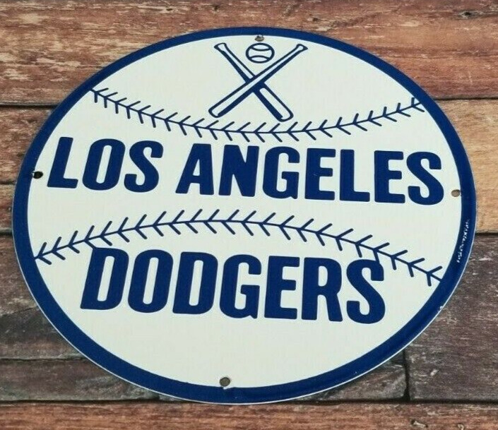 VINTAGE LOS ANGELES DODGERS PORCELAIN BASEBALL MLB STADIUM GAS PUMP PLATE SIGN