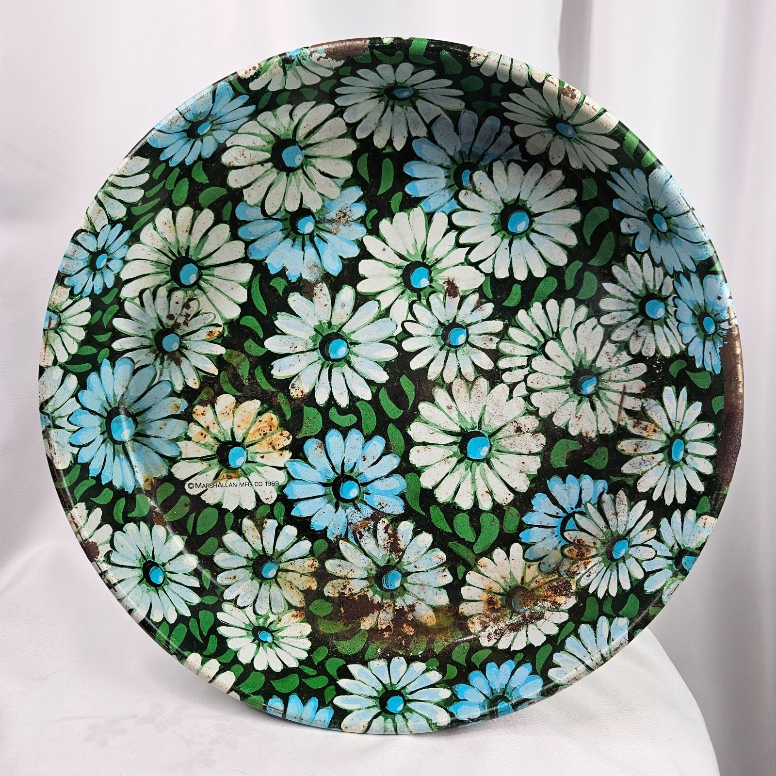 VTG 1969 Marshallan Metal Bowl Pan Blue Daisy Flower Power MCM Mod Floral Retro