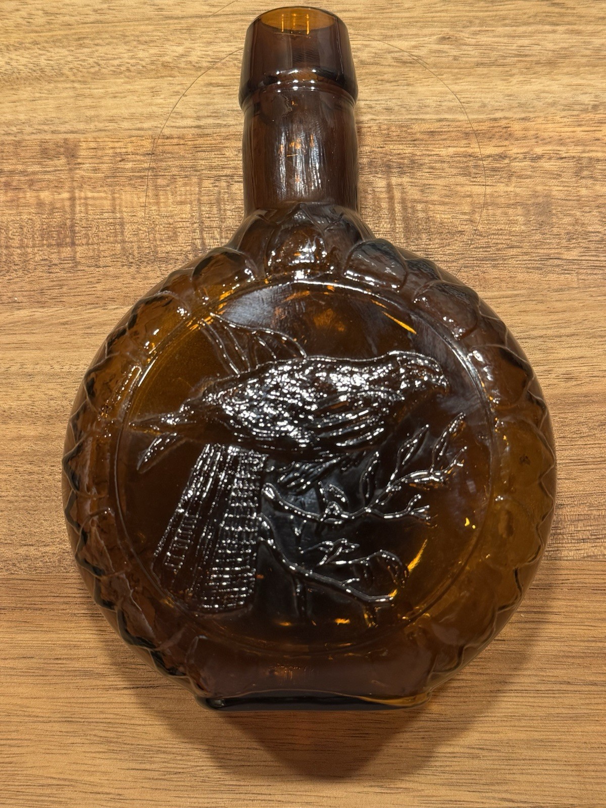 Vintage Arthur Singer Sparrowhawk Bird Amber Glass Bottle Clevenger Brothers