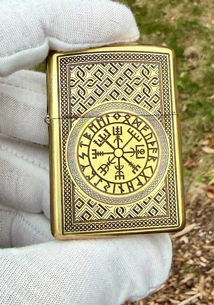 Engraved Brass Armor Zippo Helm of Awe Norse Pattern Hand Painted USA Engraved Brass Armor Zippo Helm of Awe Norse Pattern Hand Painted USA