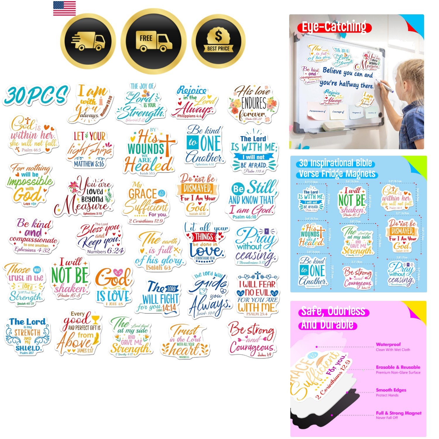 30PCS Bible Verse Fridge Magnets, Inspirational Bible Verse Refrigerator Magn...