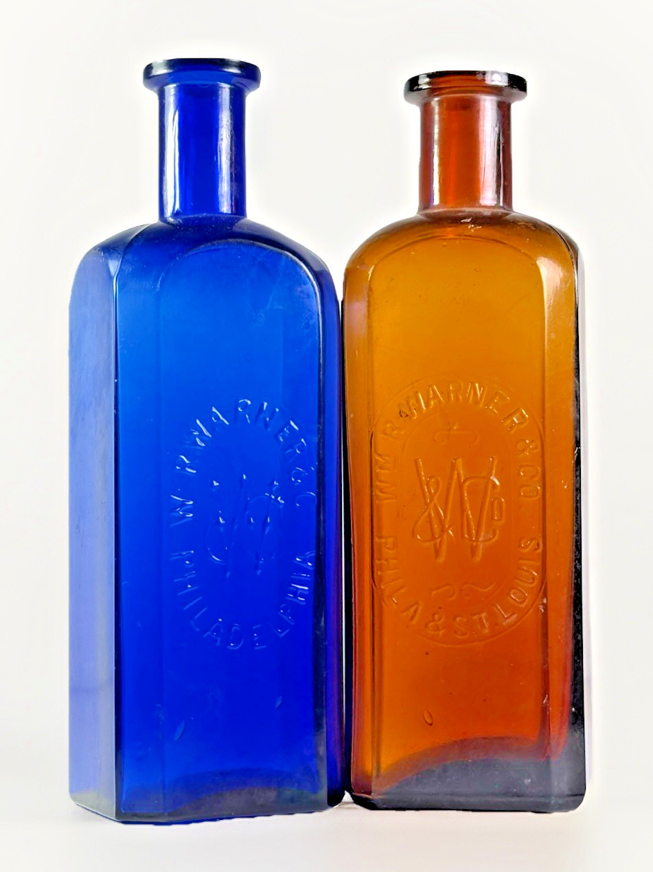 PAIR COBALT AMBER WR WARNER SQUARE DRUGSTORE MEDICINE BOTTLES 1870S PA ST LOUIS