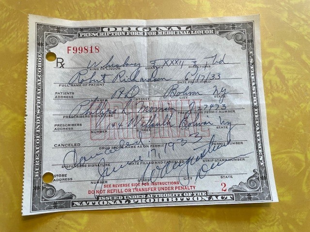 Early 1930's Prohibition Prescription for Medicinal Liquor - Quantity 1