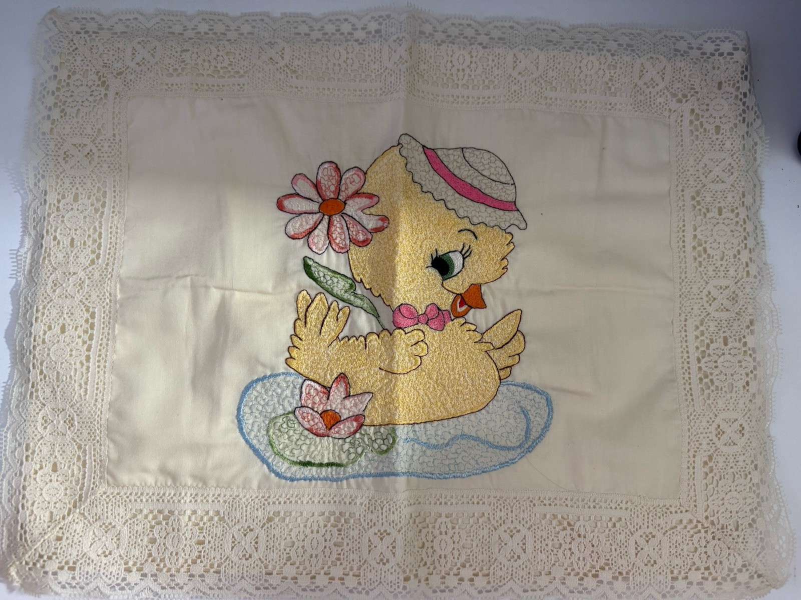 Vintage Baby Pillow Sham Embroidered Chick Floral Lace Nursery Decor 13x17 Vintage Baby Pillow Sham Embroidered Chick Floral Lace Nursery Decor 13x17