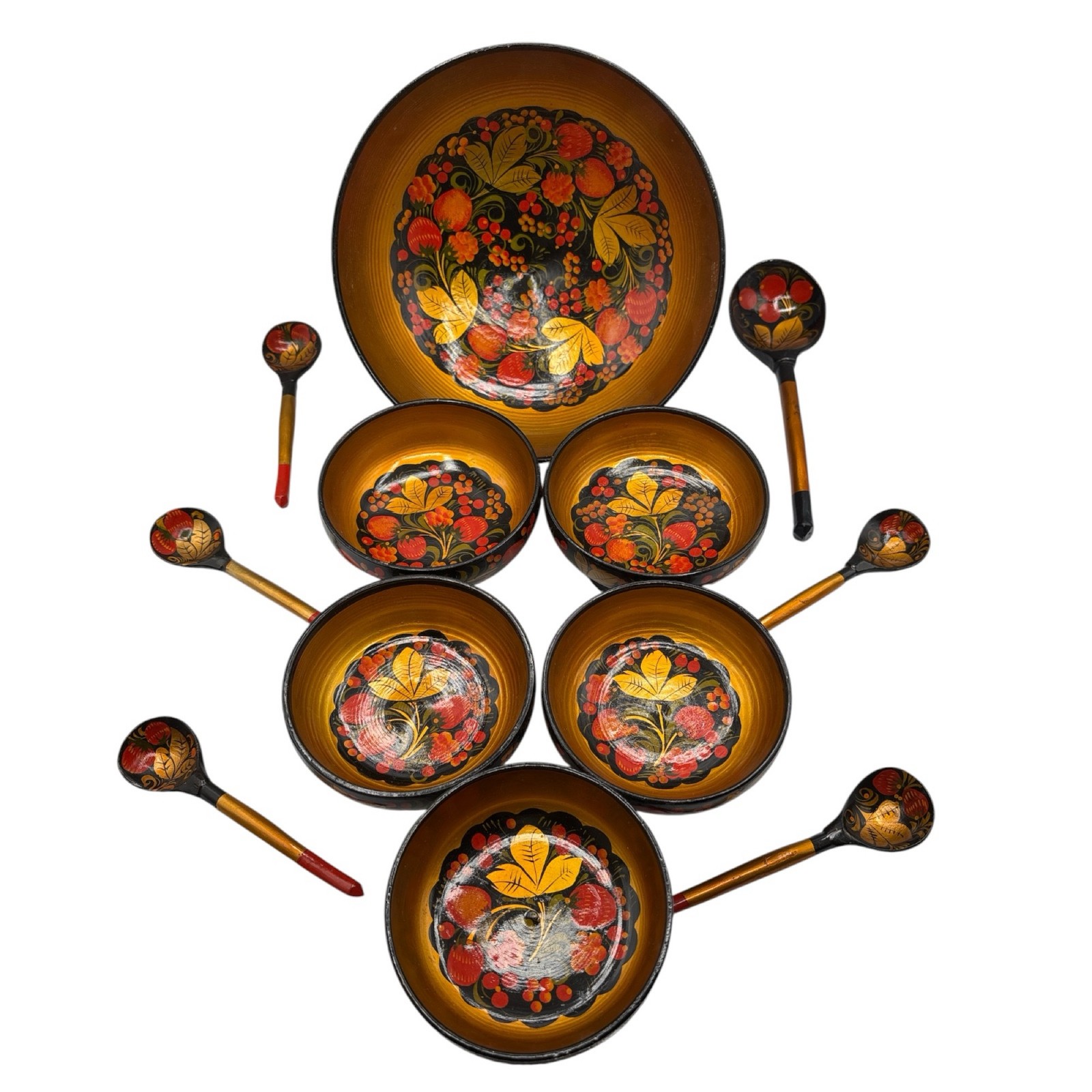 USSR Khokhloma Hand Painted Lacquered Wooden 12 Piece Serving Set Gold Red Black