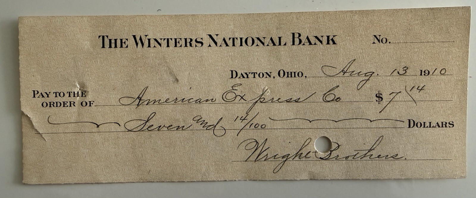 1910 Wright Brothers Check To American Express Signed By Lorin Wright 1910 Wright Brothers Check To American Express Signed By Lorin Wright