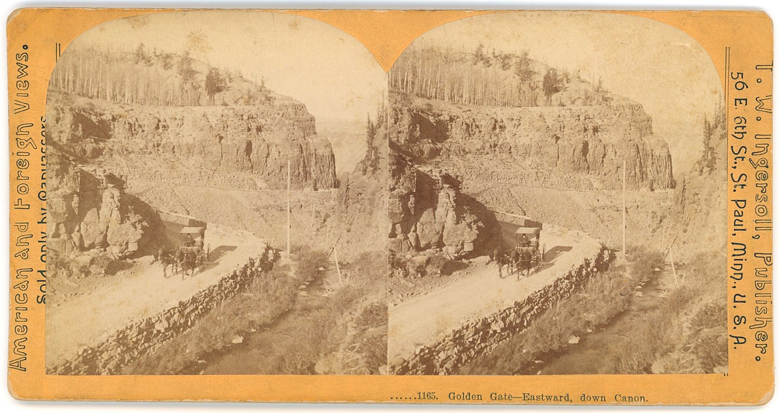YELLOWSTONE STEREOVIEW - Golden Gate Canyon & Carriage - TW Ingersoll 1890s