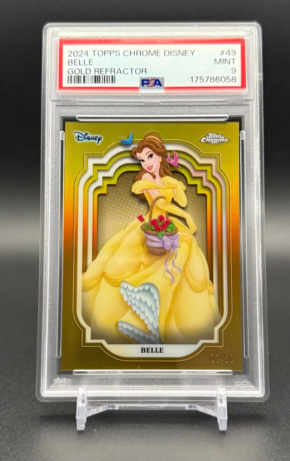 BELLE - 2024 Topps Chrome Disney TRUE GOLD REFRACTOR #d 03/50 - PSA 9 Mint