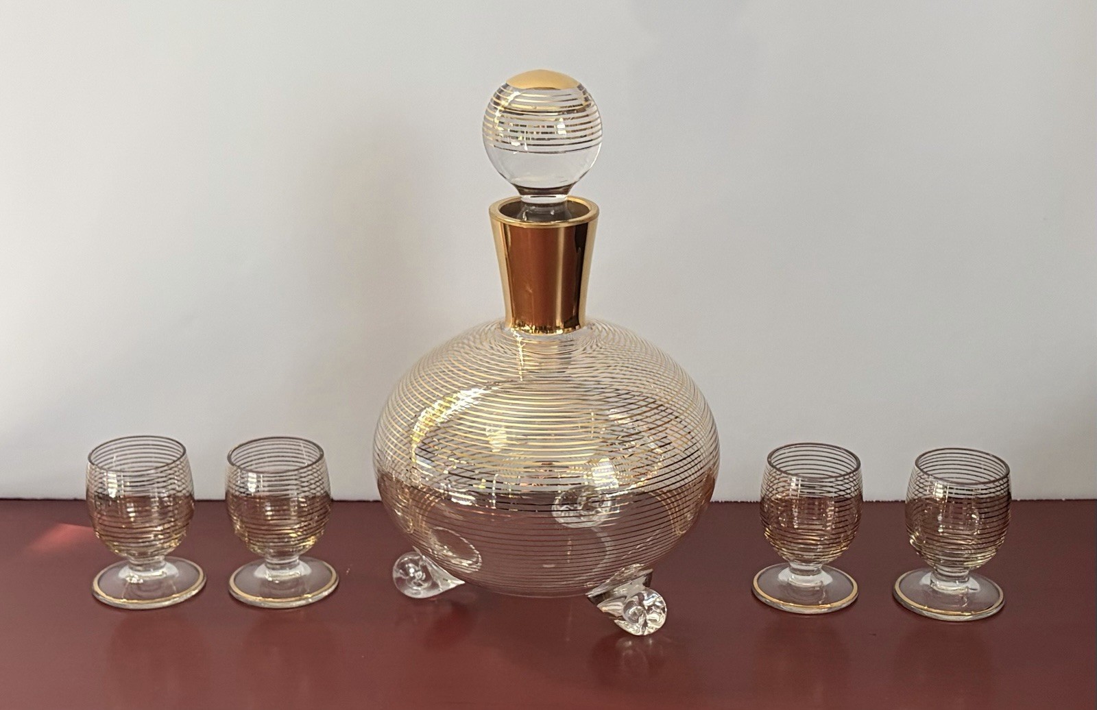 Stunning 1930s Art Deco Glass Decanter Set 4 Cordial Glasses Gebruder Podbira