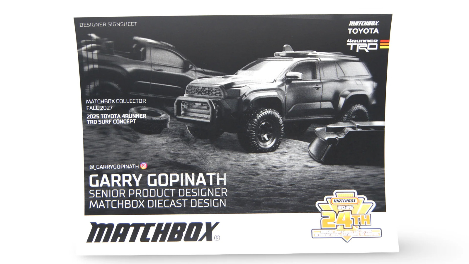 Matchbox Gathering 2026 Designer Signsheet Garry Gopinath Toyota 4Runner A4