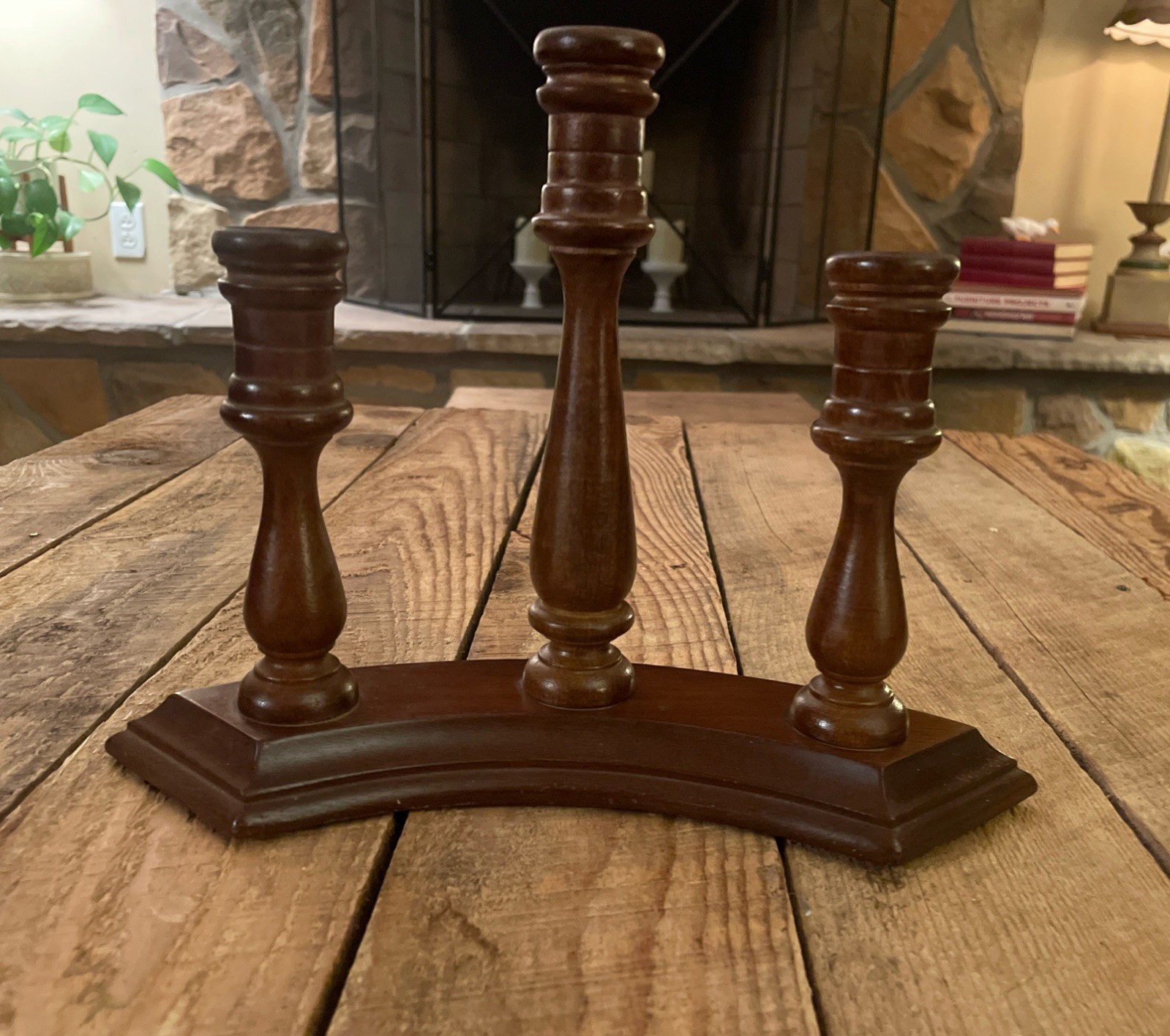 Vintage MCM Wooden Candelabra 3 Turned Taper Candle Holders Centerpiece Vintage MCM Wooden Candelabra 3 Turned Taper Candle Holders Centerpiece