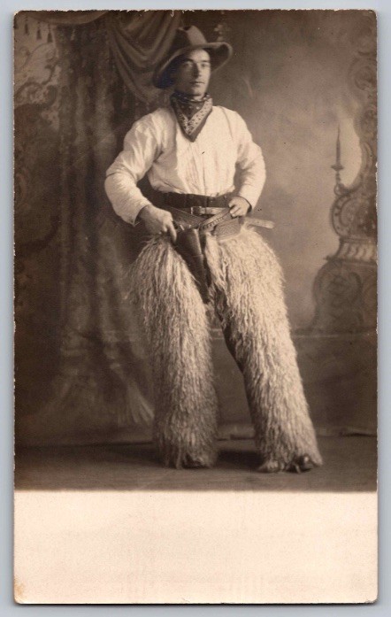 c1910 Cowboy In Woolly Chaps Gun Margolis Studio Calgary Alberta Real Photo RPPC c1910 Cowboy In Woolly Chaps Gun Margolis Studio Calgary Alberta Real Photo RPPC