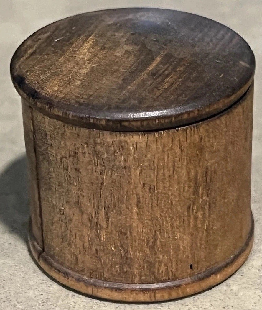 Antique Primitive Turned Wood Lidded Box Small Treen Container w/ Slit