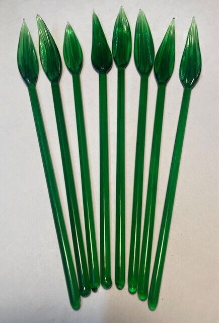 Vintage 6 to 7 In. Green Hand Blown Leaf Art Deco Glass Swizzle Sticks,  8/pack