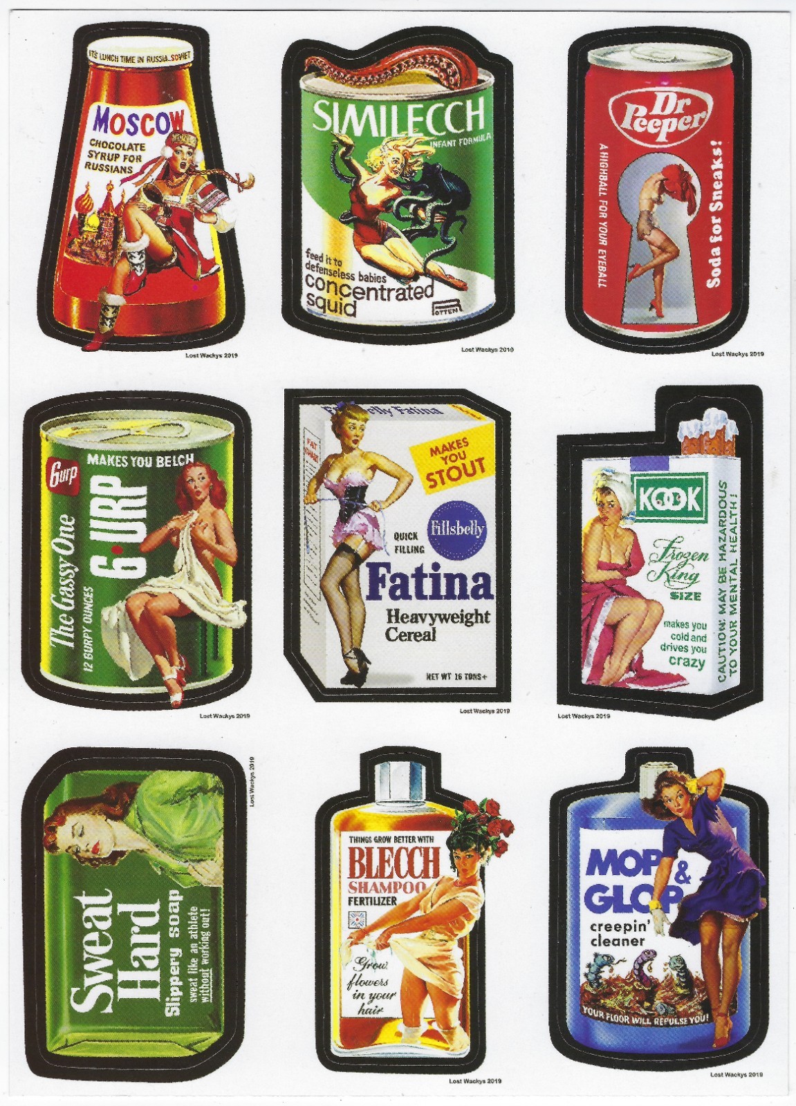 2019 Lost Wacky Pack Pin-up Variations 9th Series FULL STICKER SET UNCUT SHEET 2019 Lost Wacky Pack Pin-up Variations 9th Series FULL STICKER SET UNCUT SHEET