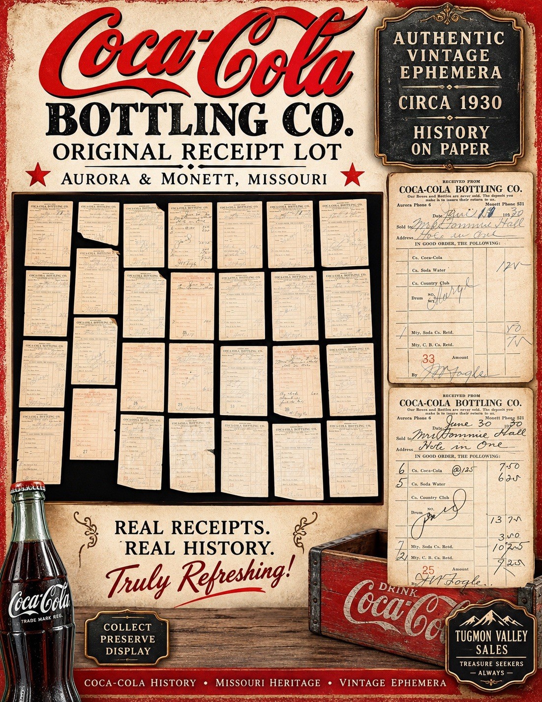 Antique 1930 Coca-Cola Bottling Co Receipt Lot Aurora Monett MO Original 