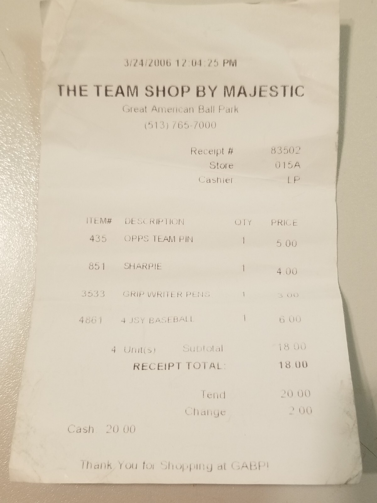 Ephemera Team Ship By Majestic Great America Ball Park Cincinnati Receipt 2006 Ephemera Team Ship By Majestic Great America Ball Park Cincinnati Receipt 2006
