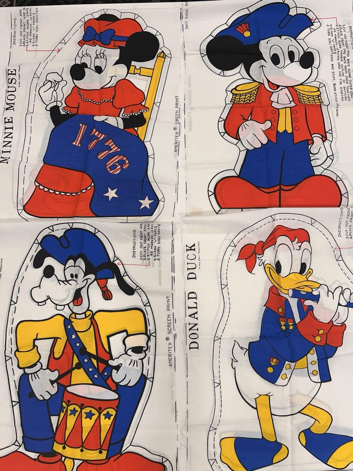 4 VTG Minnie Mickey Goofy Donald Disney Fabric Panels Cut Sew Patriotic Ameritex