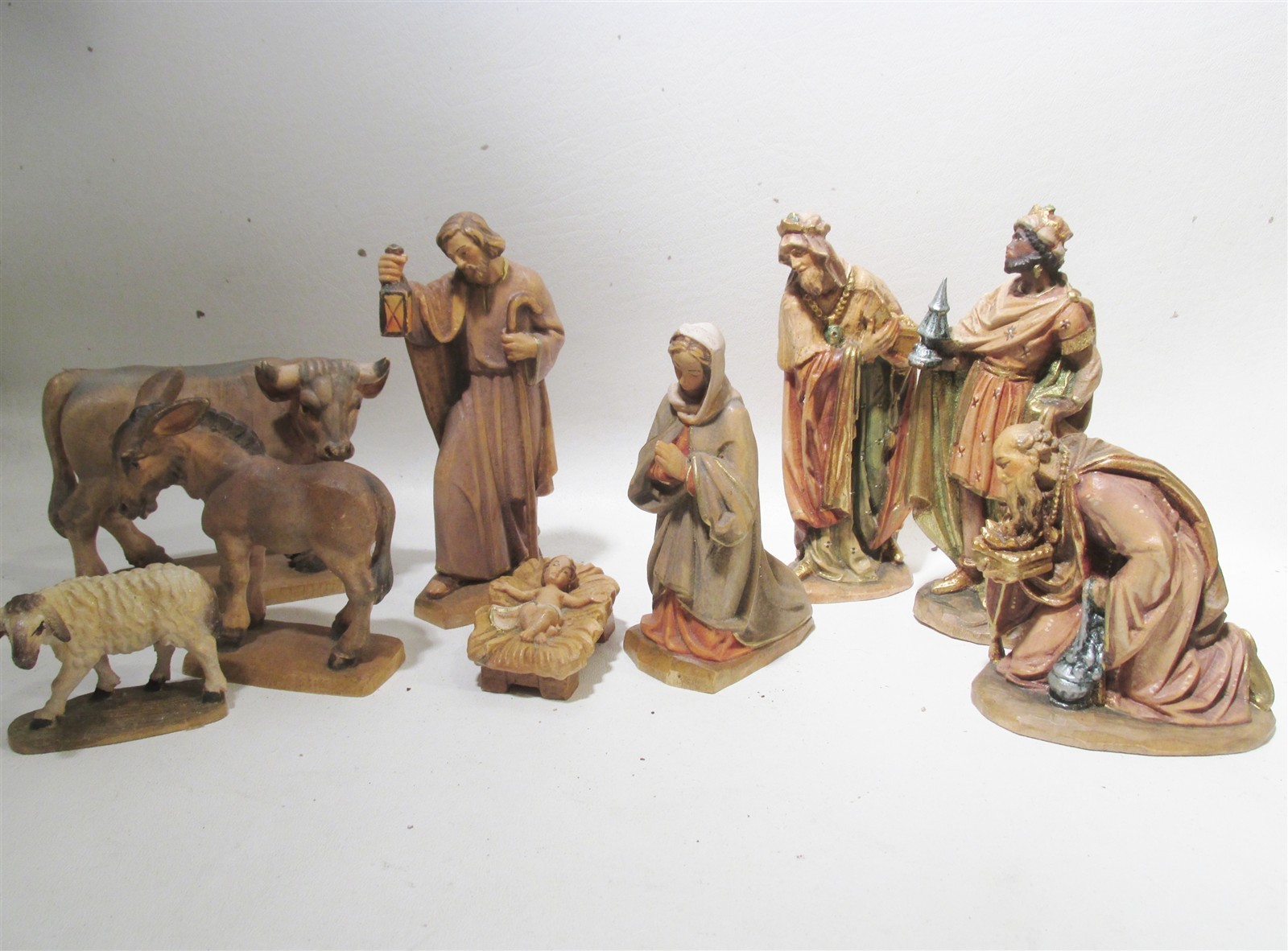 Vtg Italian Carved 9 Pc Nativity Set Creche ANRI Val Gardena Holy Family + Kings