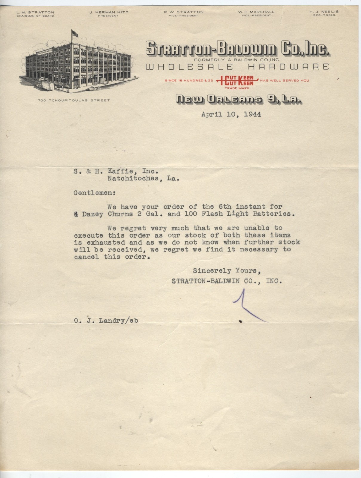 1944 LETTERHEAD, NEW ORLEANS LOUISIANA, STRATTON BALDWIN (HARDWARE) CO. 1944 LETTERHEAD, NEW ORLEANS LOUISIANA, STRATTON BALDWIN (HARDWARE) CO.