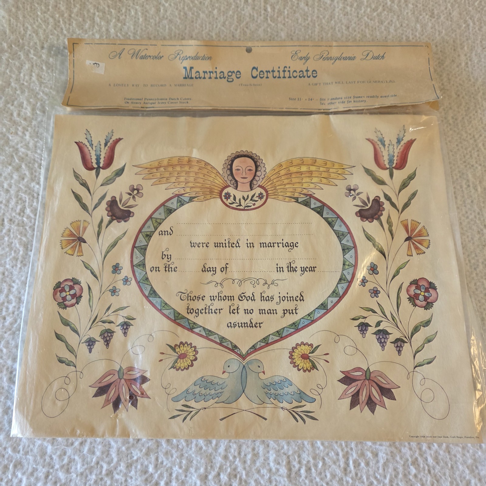 VINTAGE 1968 BLANK MARRIAGE CERTIFICATE EARLY PENNSYLVANIA DUTCH WATERCOLOR VINTAGE 1968 BLANK MARRIAGE CERTIFICATE EARLY PENNSYLVANIA DUTCH WATERCOLOR