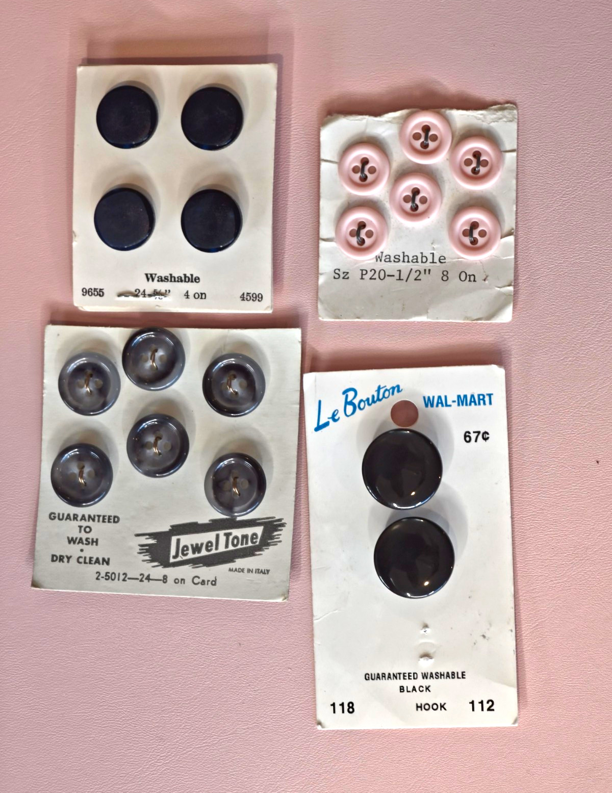 Vintage Lansing Buttons Mixed Lot 2 Cards Pink Navy Blue Washable 10 Total