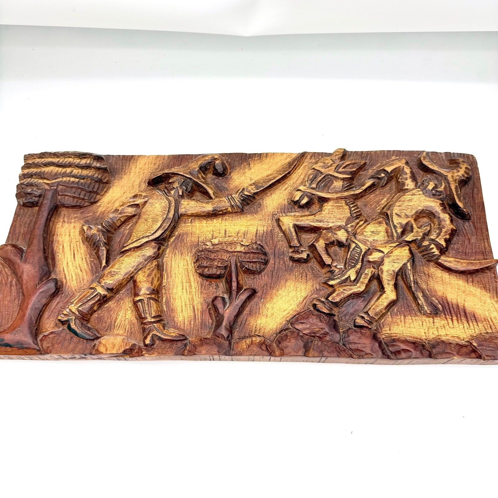 Vtg Carved Wood Relief Wall Plaque Folk Art Battle Horseman Signed TJ Batiste Vtg Carved Wood Relief Wall Plaque Folk Art Battle Horseman Signed TJ Batiste