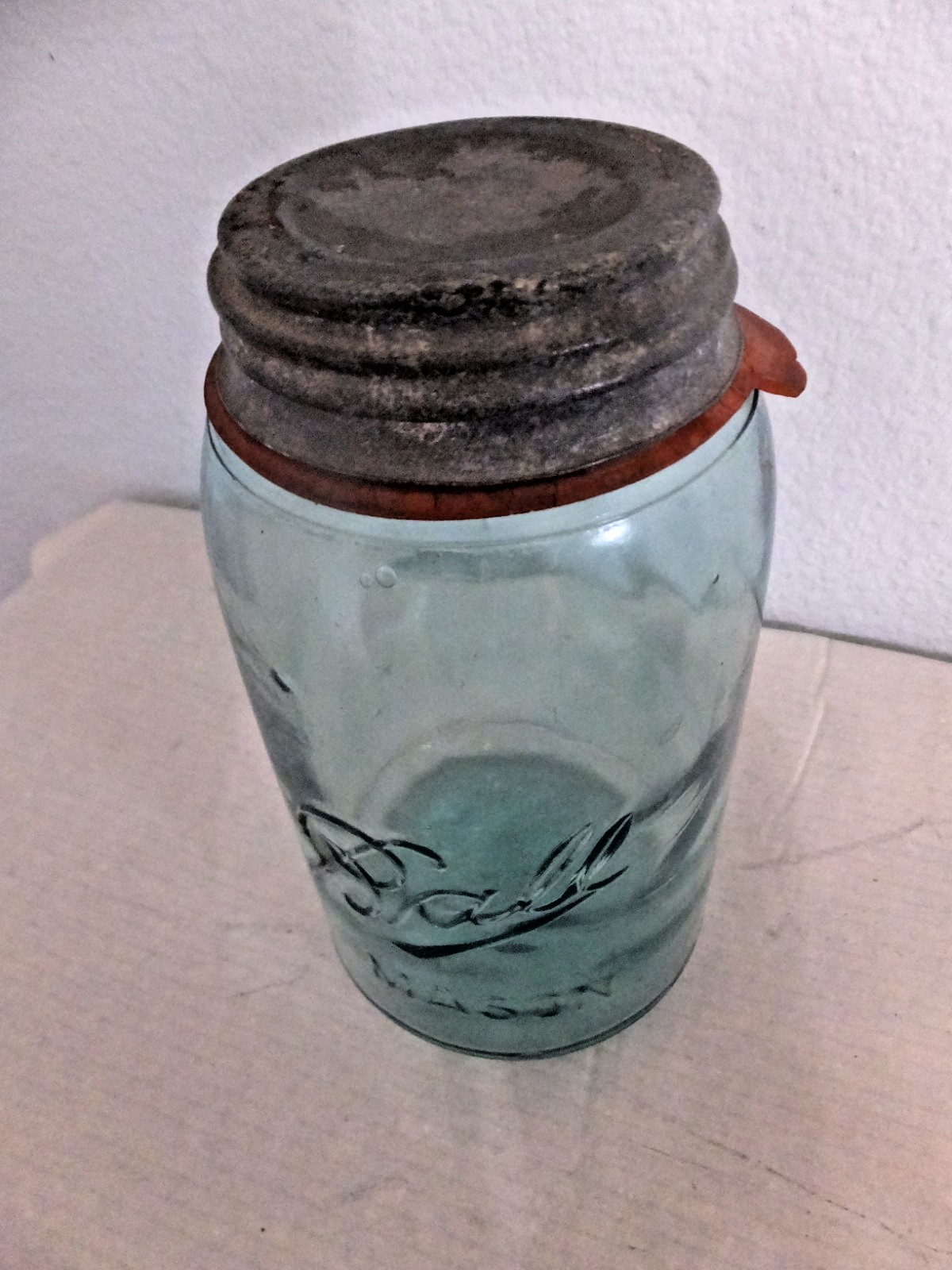 Antique Ball Mason Jar Aqua 2 F Mold 1910’s Zinc Lid Milkglass insert - 1 QT Antique Ball Mason Jar Aqua 2 F Mold 1910’s Zinc Lid Milkglass insert - 1 QT