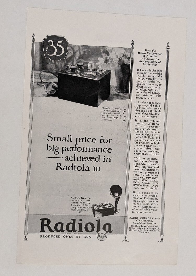 1924 RCA Radiola III Vintage Print Ad USA Radio Collectible EUC Original 1924 RCA Radiola III Vintage Print Ad USA Radio Collectible EUC Original