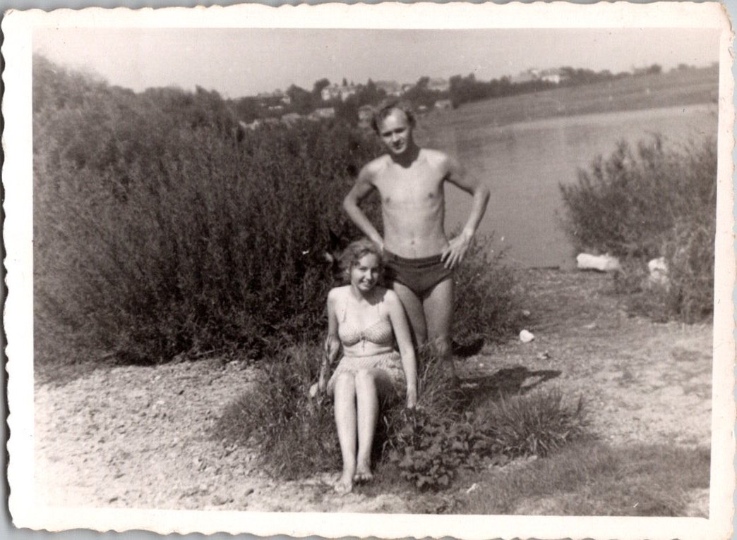 Vintage 1940s Snapshot Photo Couple in Swimwear at Lake Beach Black & White Vintage 1940s Snapshot Photo Couple in Swimwear at Lake Beach Black & White