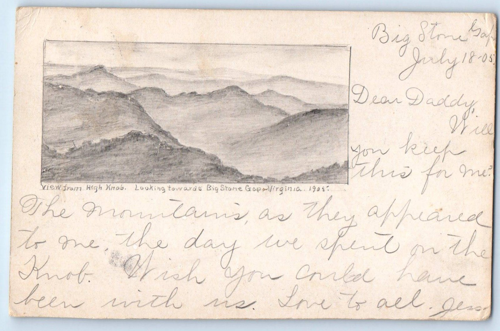 View From High Knob Looking Big Stone Gap Virginia VA Hand Drawn Art Postcard View From High Knob Looking Big Stone Gap Virginia VA Hand Drawn Art Postcard