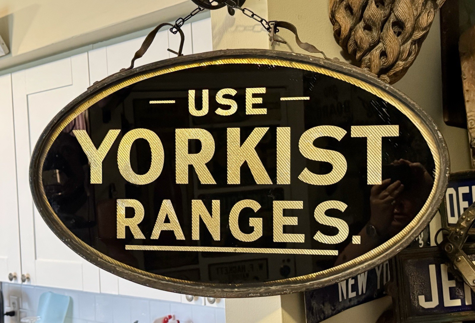 Antique Reverse Painted Foil Glass Yorkist Ranges, Appliance Trade Sign, Bracket Antique Reverse Painted Foil Glass Yorkist Ranges, Appliance Trade Sign, Bracket