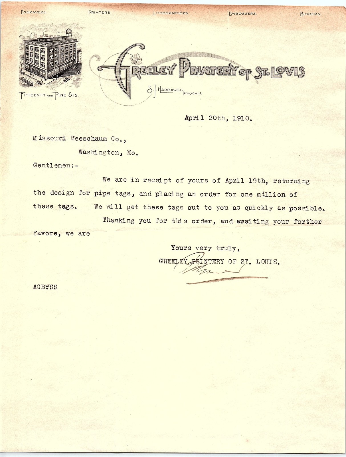 1910 Greeley Printery St. Louis letter re: pipe tags 1910 Greeley Printery St. Louis letter re: pipe tags