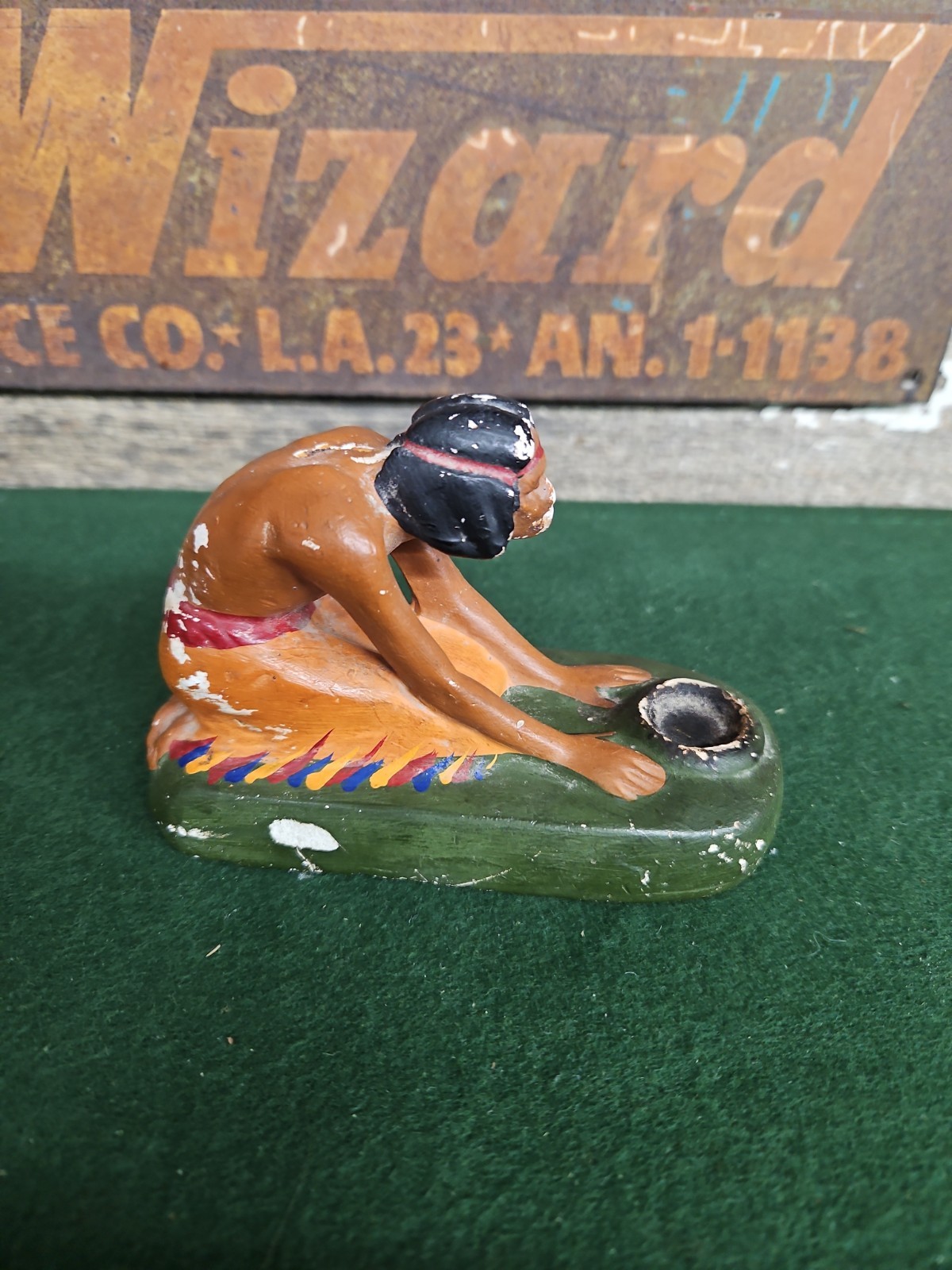 Vintage Native American Chalkware Indian w/ Camp Fire Cone Incense Burner Figure