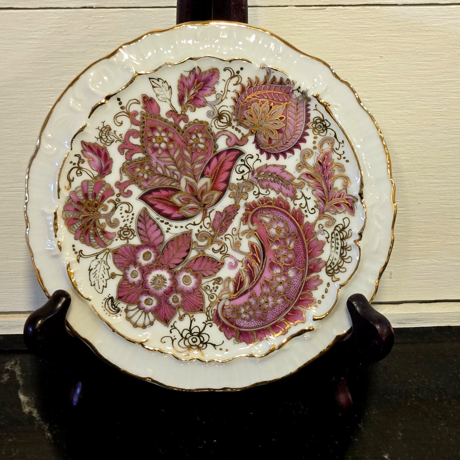 Vintage Floral Gilt Porcelain vanity tray Pink Gold Paisley Chintz Style trivet Vintage Floral Gilt Porcelain vanity tray Pink Gold Paisley Chintz Style trivet