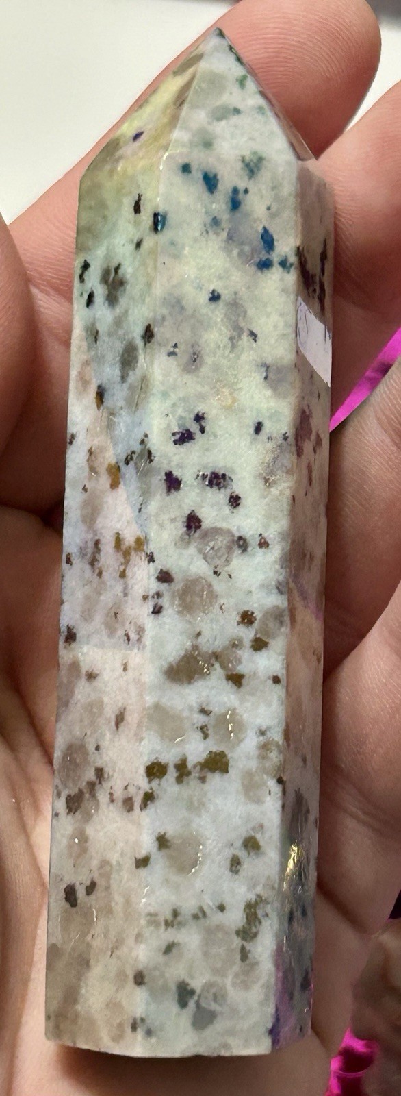 Aura Coated Kiwi Jasper Tower Crystal Carving Polished Stone Aura Coated Kiwi Jasper Tower Crystal Carving Polished Stone